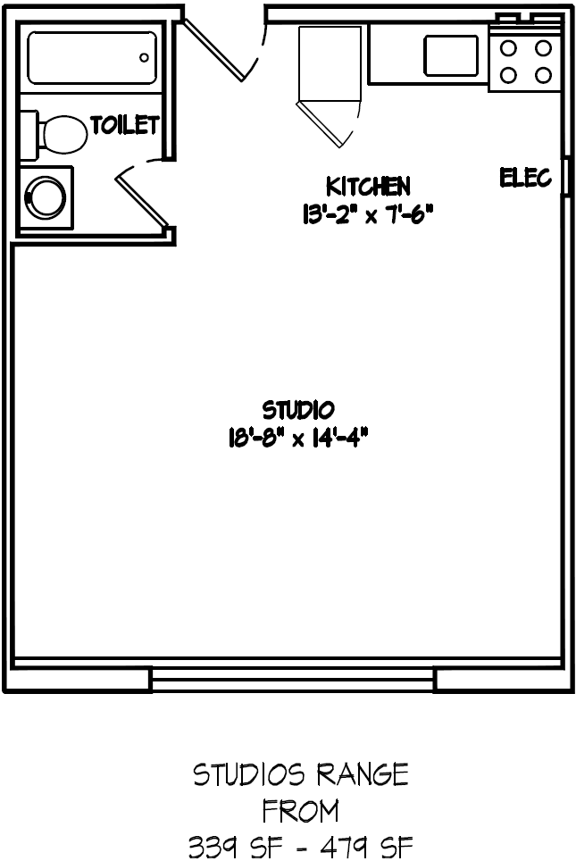 A drawing of a house layout with a kitchen, toilet, and studio.
